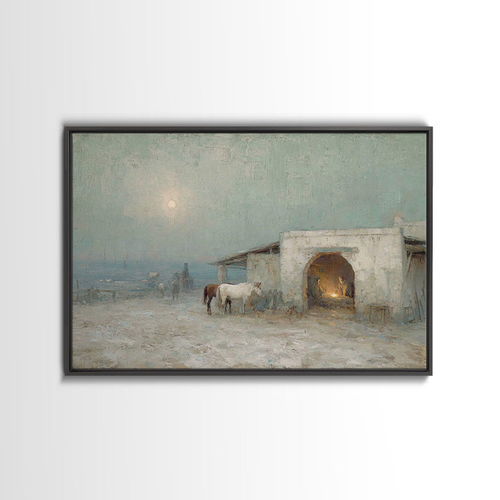 Pastoral Bethlehem Night – Framed Canvas Print – Christian Art Canvas – Christian Wall Art – Jesus Painting – Christmas Art Prints – Christ