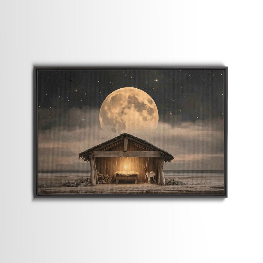 Starlit Holy Shelter, Framed Canvas Print, Christian Christmas Art, Jesus Painting, Christian Wall Art, Christmas Art Prints, Christian Art