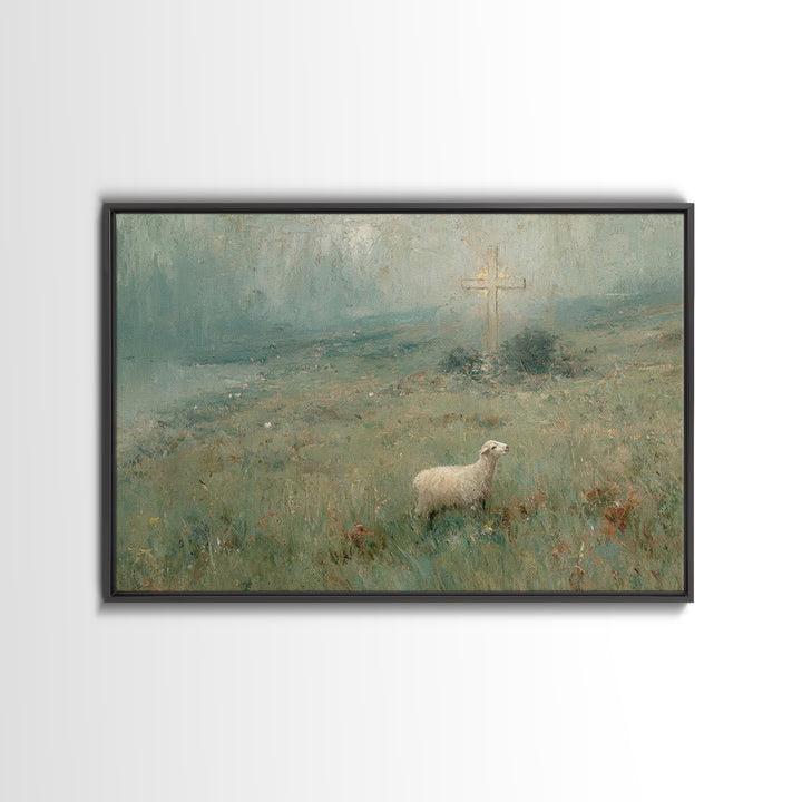 Hillside Lamb Hope – Framed Canvas Print – Christian Christmas Art – Christian Wall Art – Jesus Painting – Christian Art Canvas – Vintage C