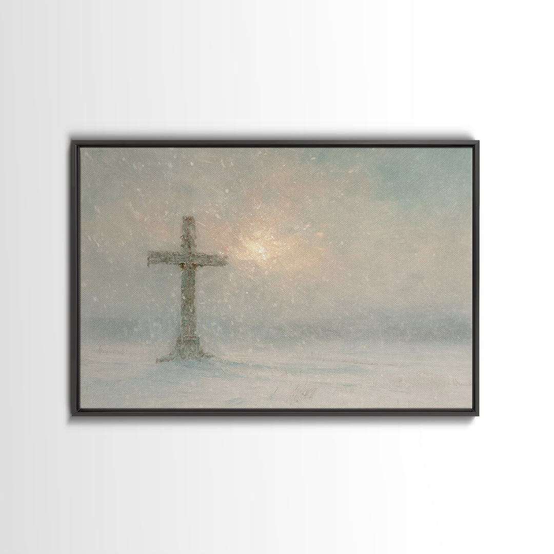 Silent Cross Snow – Framed Canvas Print – Christian Christmas Art – Christian Art Canvas – Christian Wall Art – Subtle Christian Art – Chri
