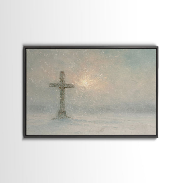 Silent Cross Snow – Framed Canvas Print – Christian Christmas Art – Christian Art Canvas – Christian Wall Art – Subtle Christian Art – Chri