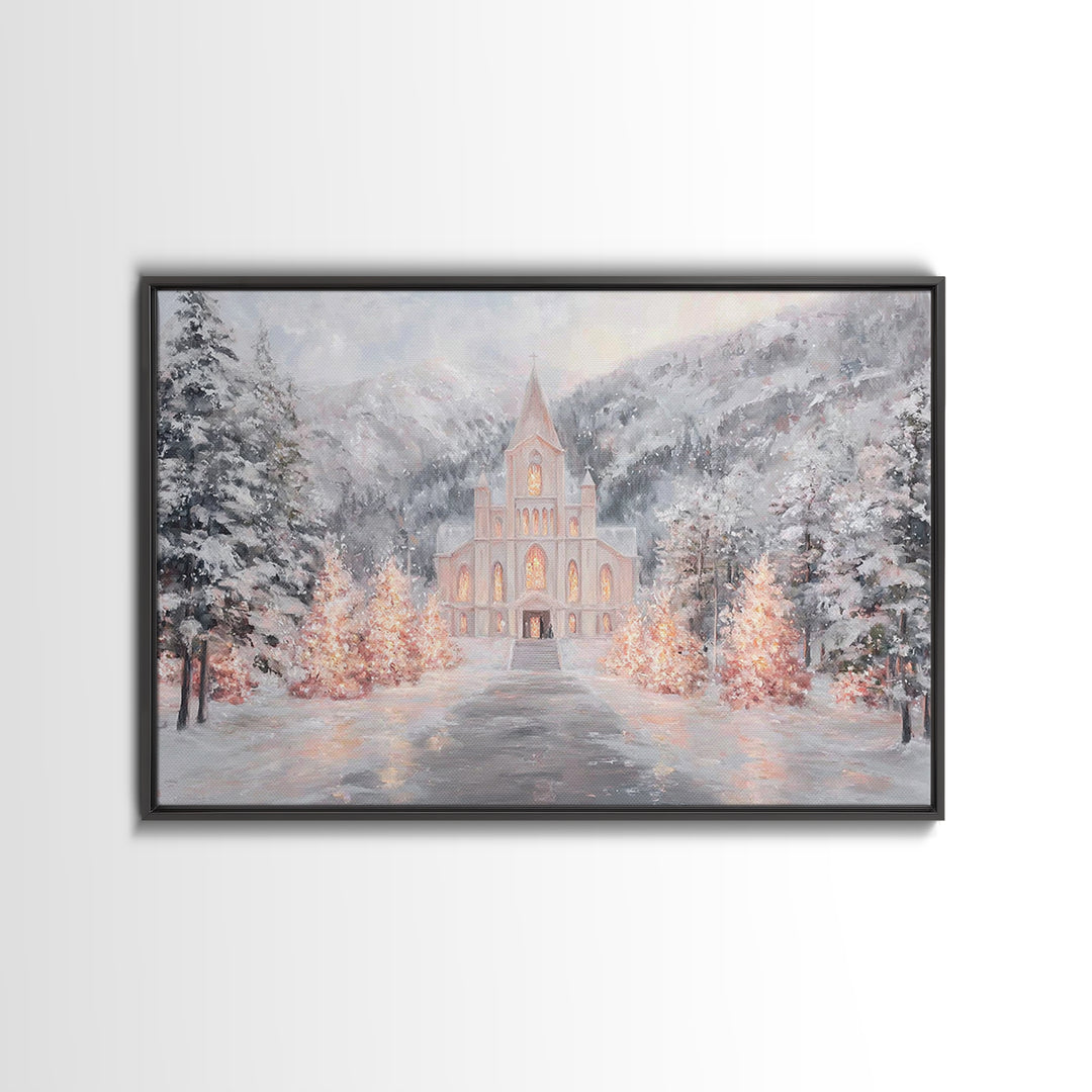 Mountain Chapel Light, Framed Canvas Print, Christmas Wall Art, Christian Art Canvas, Framed Christmas Art, Christian Christmas Art, Christ
