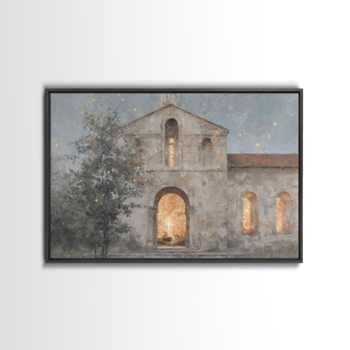 Starry Chapel Glow – Framed Canvas Print – Christian Wall Art – Christian Art Canvas – Christmas Art – Christian Christmas Decor – Jesus Ch