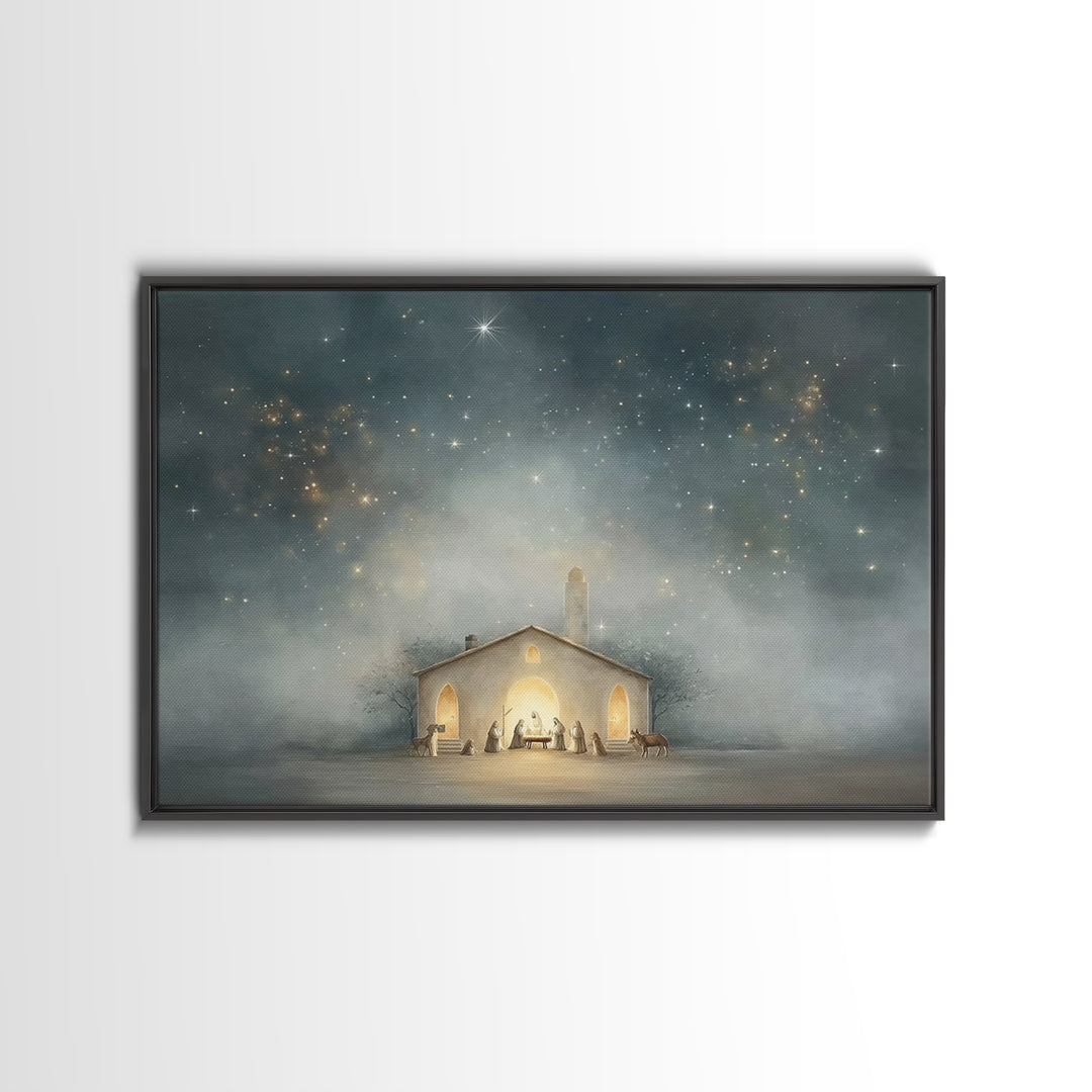 Nativity Under Heaven, Framed Canvas Print, Christian Wall Art, Christmas Art, Christian Art Canvas, Christian Christmas Art, Jesus Christm