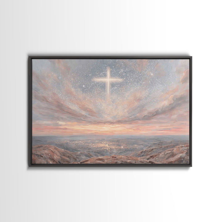 Heaven’s Cross Light – Framed Canvas Print – Christian Wall Art – Christian Art Canvas – Christmas Art – Christian Christmas Art – Subtle C
