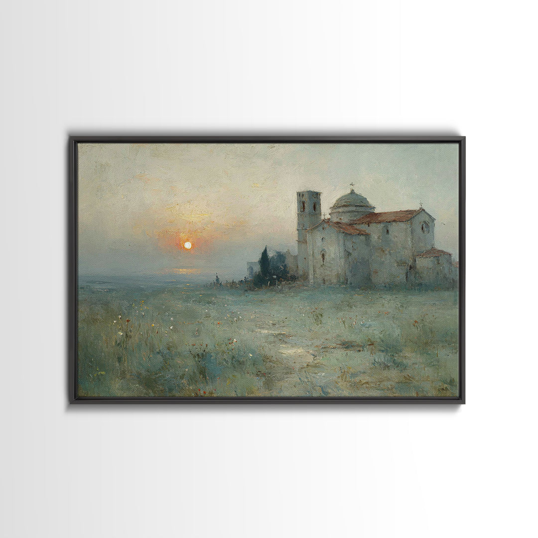 Sunrise By The Chapel – Framed Canvas Print – Christian Wall Art – Christian Art Canvas – Vintage Christian Art – Christian Art Prints – Ch