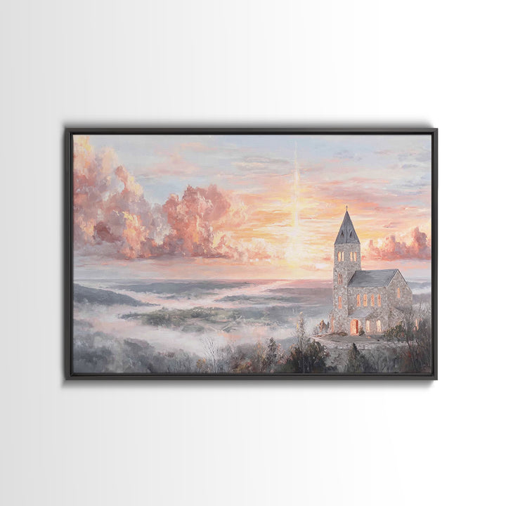 Dawn Over The Steeple, Framed Canvas Print, Christian Wall Art, Christian Art Canvas, Christian Art, Christian Decorations, Christian Gift