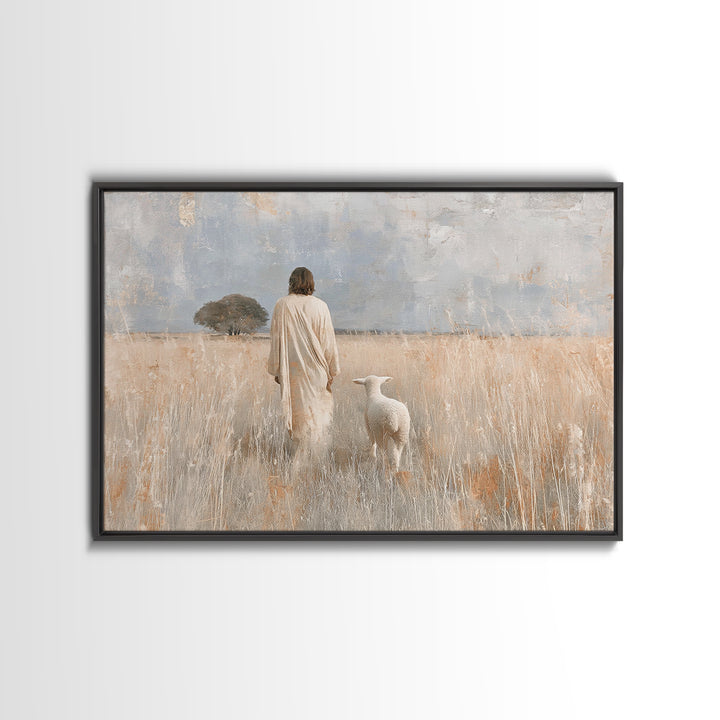 Gentle Shepherd Dawn - Framed Canvas Print - Christian Wall Art - Jesus Painting - Christian Art Canvas - Christian Decor - Pastoral Scener