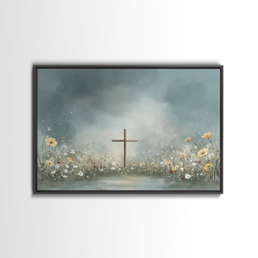 Blooming Cross Light, Framed Canvas Print, Christian Art Canvas, Christian Wall Art, Modern Christian Art, Christian Painting
