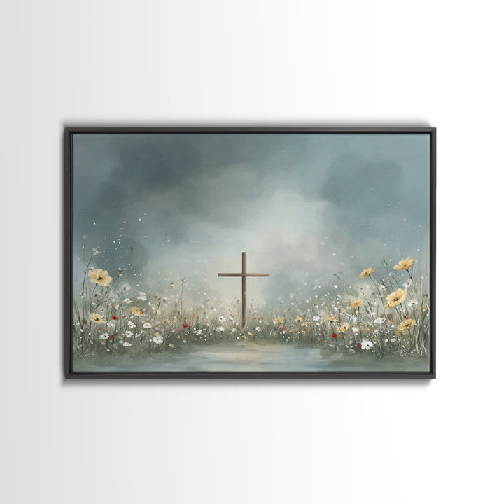 Blooming Cross Light, Framed Canvas Print, Christian Art Canvas, Christian Wall Art, Modern Christian Art, Christian Painting