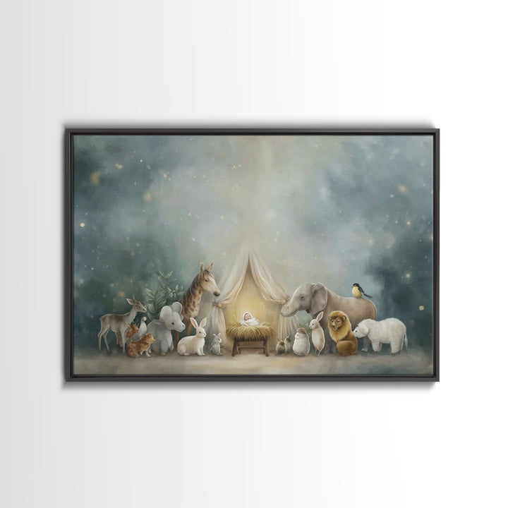 Gentle Night Glow, Framed Canvas Print, Christian Wall Art, Christian Christmas Art, Christian Art Canvas, Christmas Art Prints
