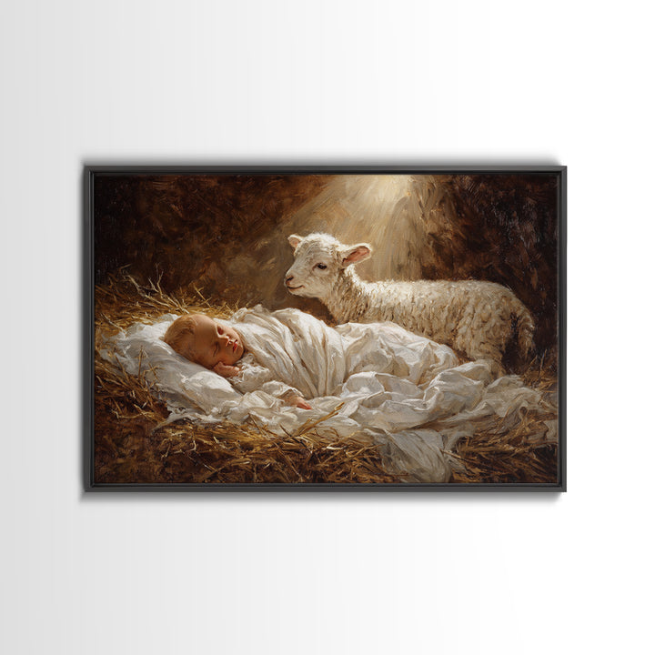 Silent Straw Blessing | Framed Canvas Print | Christian Art Canvas | Christian Christmas Art | Christian Wall Art | Jesus Painting