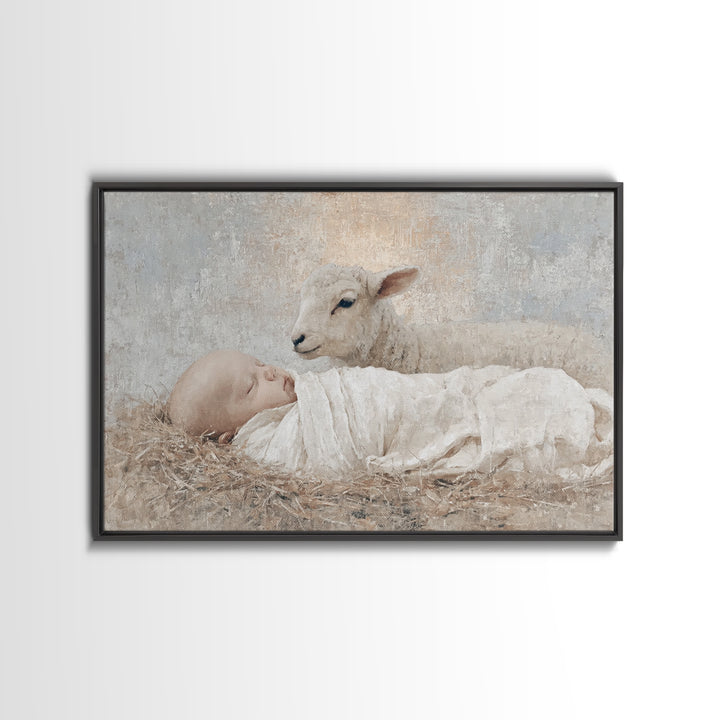 Little Lamb Grace, Framed Canvas Print, Christian Wall Art, Christian Art Canvas, Christmas Art, Christian Painting