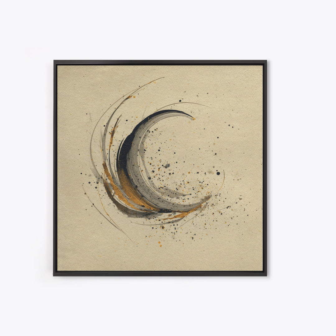 Crescent Moon Made from Elegant Ink Swashes Framed Canvas Print, Calligraphy Art, Japanese Decor, Living Room Decor, Script, CAL-1x1-21