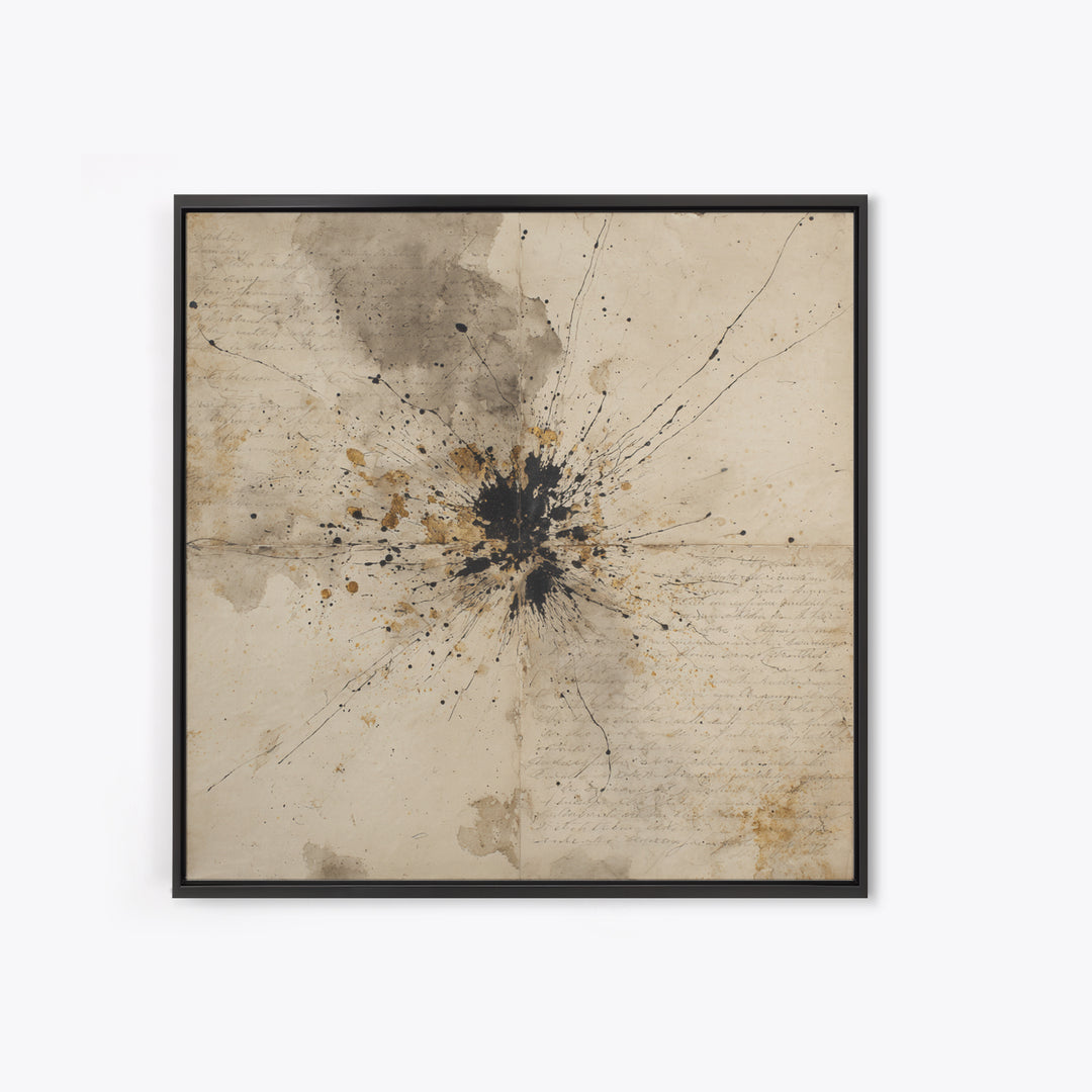 Ink Splatter and Long Brushstroke Composition Framed Canvas Print, Calligraphy Art, Art Print, Living Room Decor, Script, CAL-1x1-40