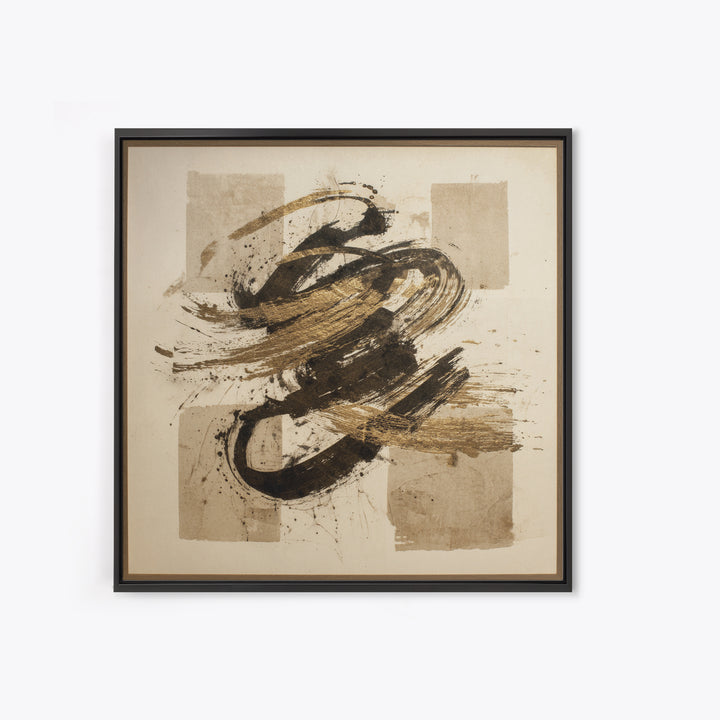 Abstract Gold Calligraphic Strokes on Ivory Paper Canvas Print, Calligraphy Art, Boho Decor, Living Room Decor, Script, CAL-1x1-98