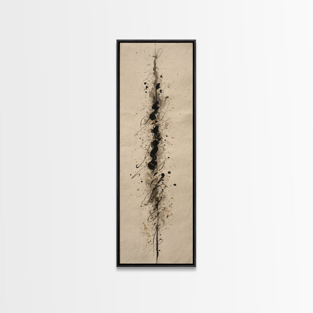 Ink Splatter and Long Brushstroke Composition Canvas Print, Calligraphy Art, Bedroom Wall Decor, Living Room Decor, Script, CAL-1x3-100