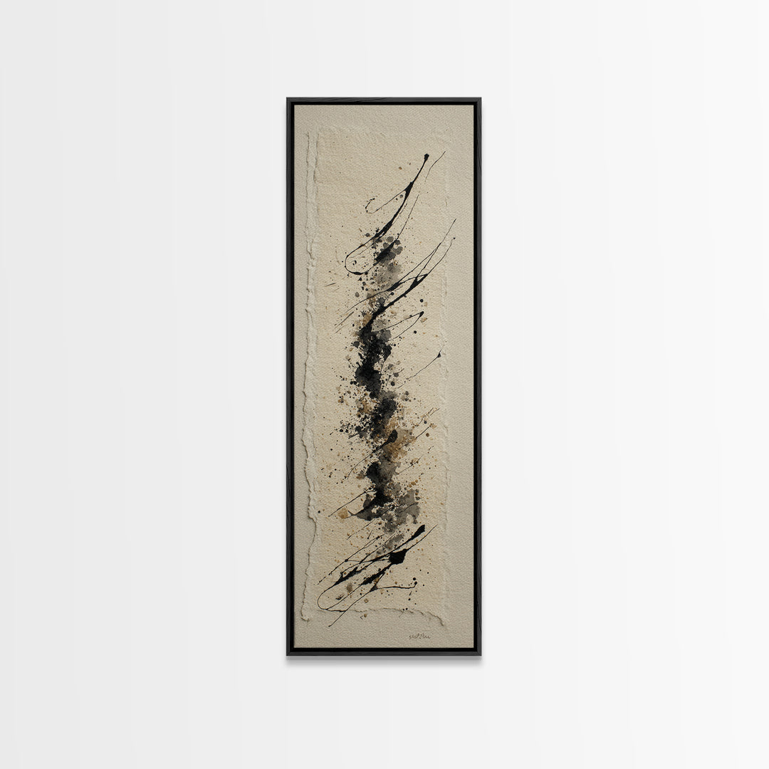 Ink Splatter and Long Brushstroke Composition Framed Canvas Print, Calligraphy Art, Fine Art Print, Living Room Decor, Script, CAL-1x3-4