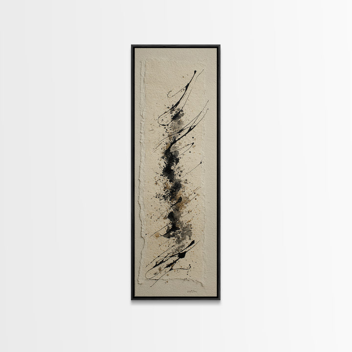 Ink Splatter and Long Brushstroke Composition Framed Canvas Print, Calligraphy Art, Fine Art Print, Living Room Decor, Script, CAL-1x3-4