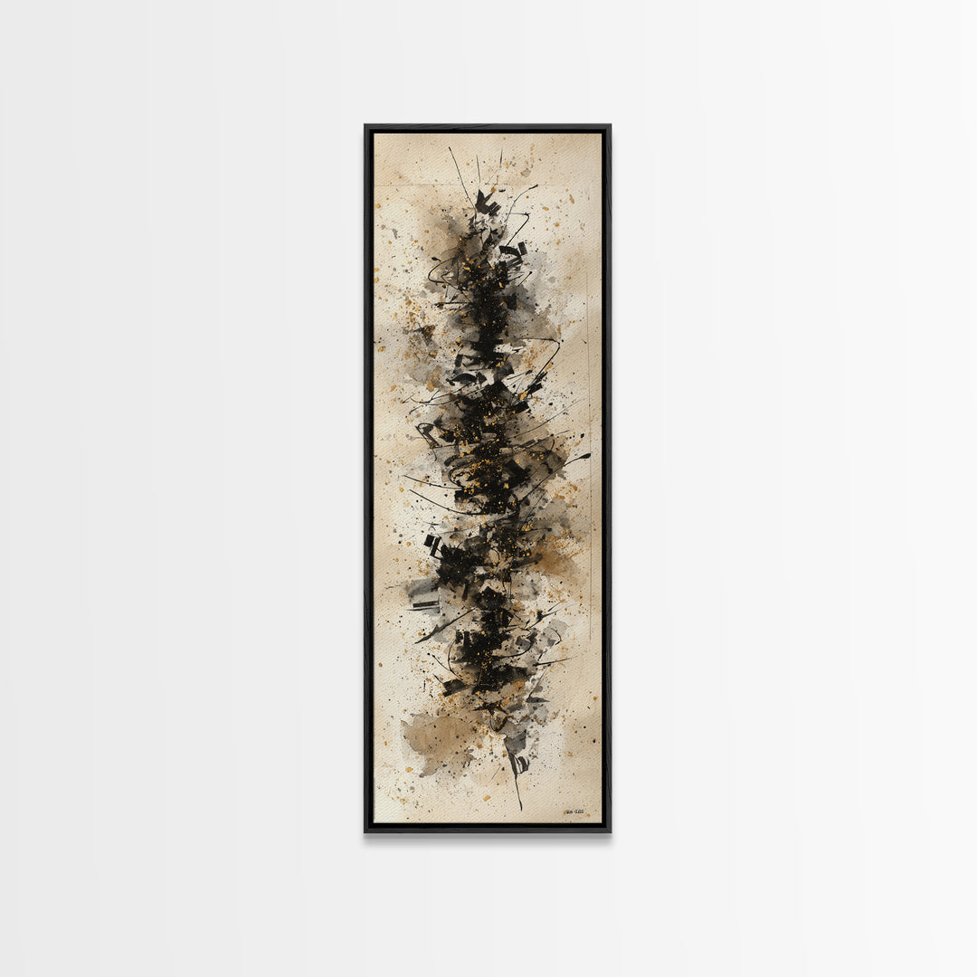 Monochrome Brush Alphabet Fragments as Abstract Texture Canvas Print, Calligraphy Art, Japanese Decor, Living Room Decor, CAL-1x3-49