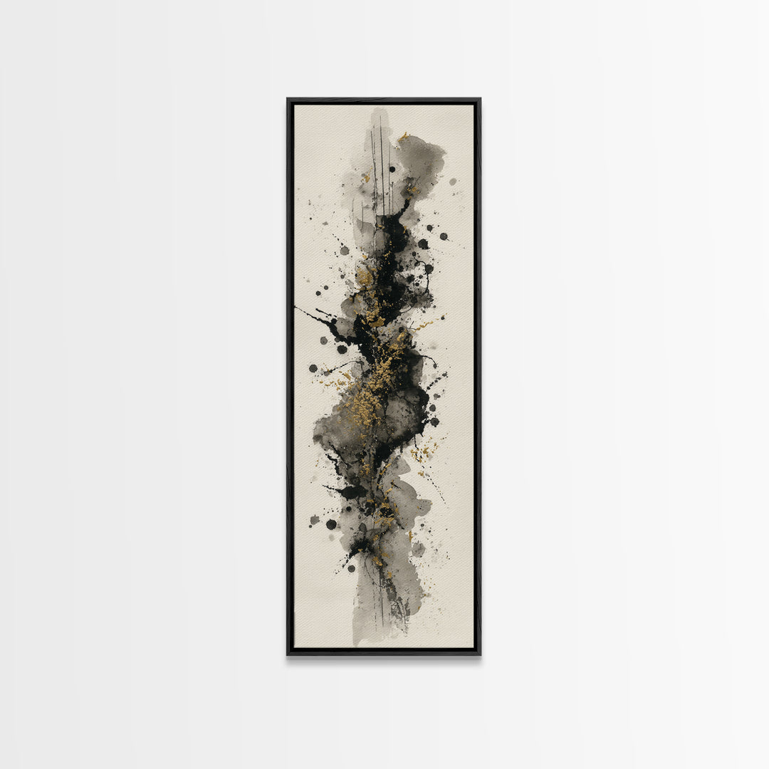 Ink Splatter and Long Brushstroke Composition Framed Canvas Print, Calligraphy Art, Home Decor, Living Room Decor, Script, CAL-1x3-52