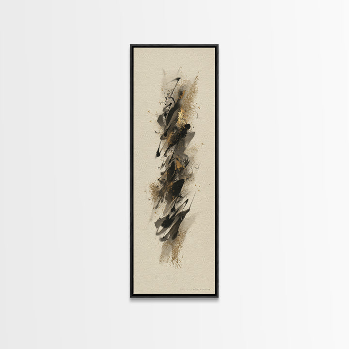 Abstract Gold Calligraphic Strokes on Ivory Paper Canvas Print, Calligraphy Art, Neutral Decor, Living Room Decor, Script, CAL-1x3-62