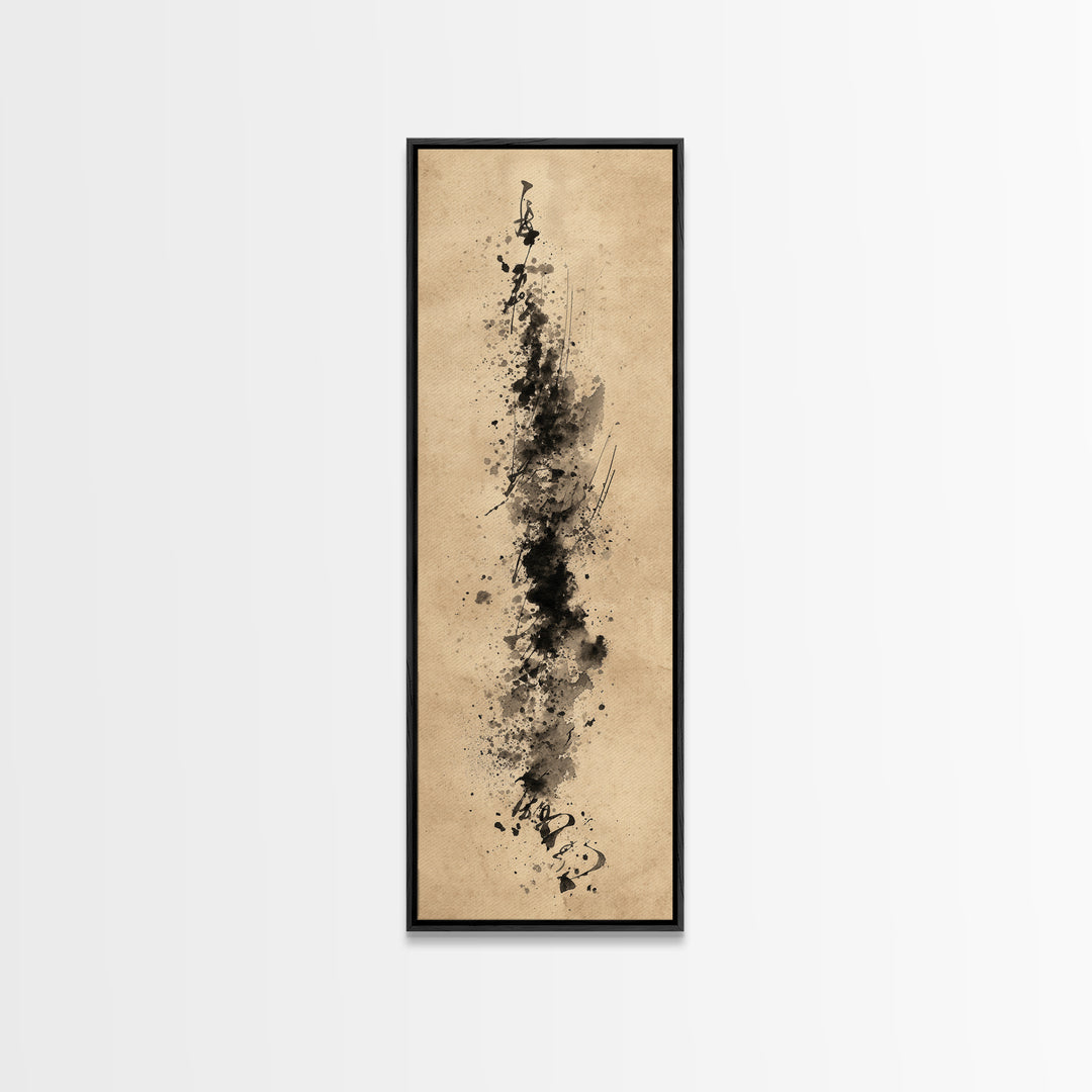 Ink Splatter and Long Brushstroke Composition Framed Canvas Print, Calligraphy Art, Calligraphy, Living Room Decor, Script, CAL-1x3-76