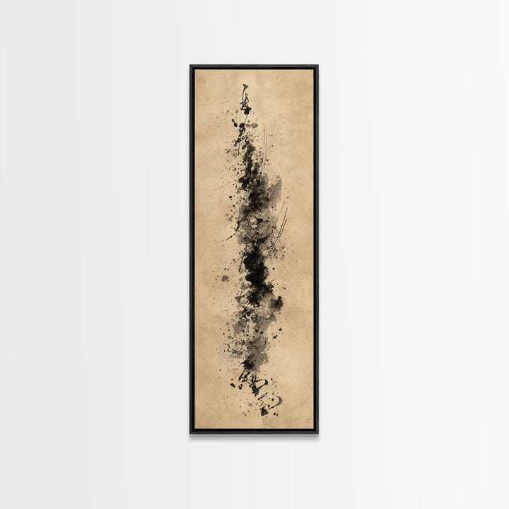 Ink Splatter and Long Brushstroke Composition Framed Canvas Print, Calligraphy Art, Calligraphy, Living Room Decor, Script, CAL-1x3-76