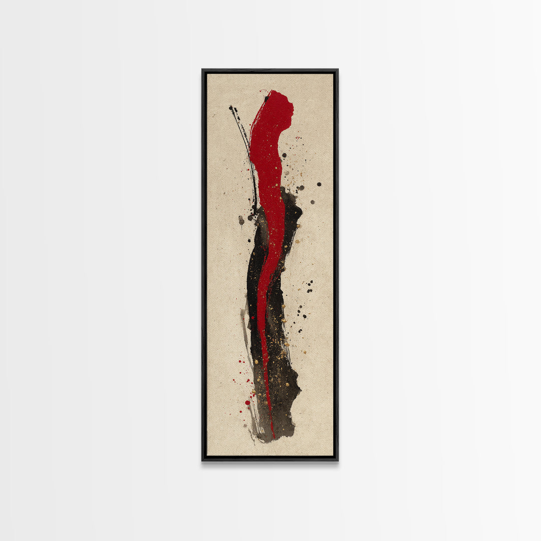 Bold Red Brushstroke Seal Abstraction Framed Canvas Print, Calligraphy Art, Japanese Art, Living Room Decor, Fine Art, Script, CAL-1x3-79