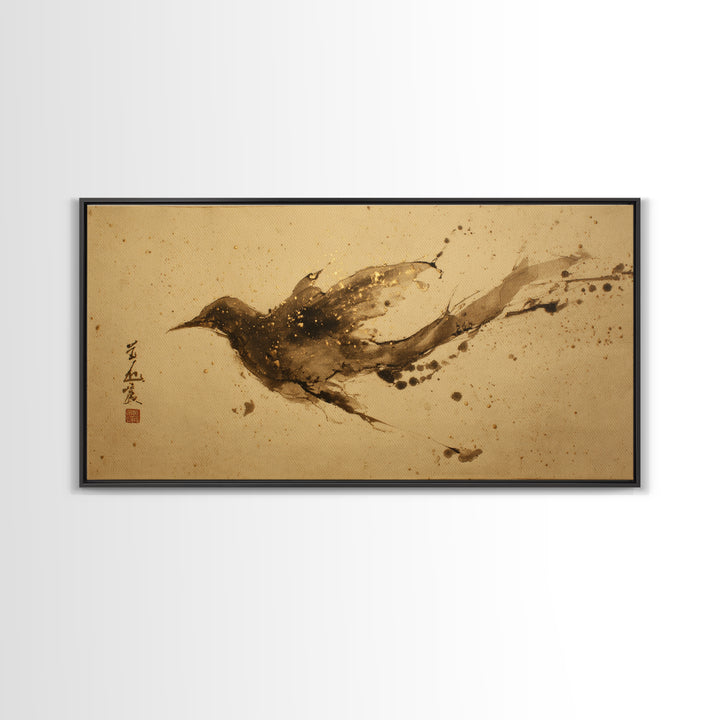 Calligraphic Bird Shape Formed from Flowing Lines Framed Canvas Print, Calligraphy Art, Modern Art, Living Room Decor, Script, CAL-2x1-100