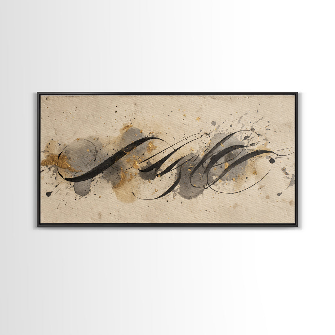 Ink Splatter and Long Brushstroke Composition Framed Canvas Print, Calligraphy Art, Art Print, Living Room Decor, Script, CAL-2x1-12