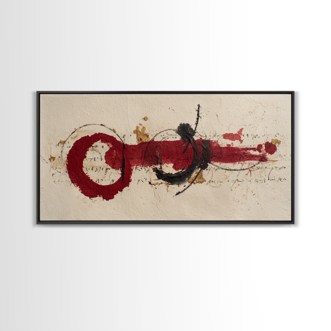 Bold Red Brushstroke Seal Abstraction Framed Canvas Print, Calligraphy Art, Minimalist Decor, Living Room Decor, Script, CAL-2x1-15