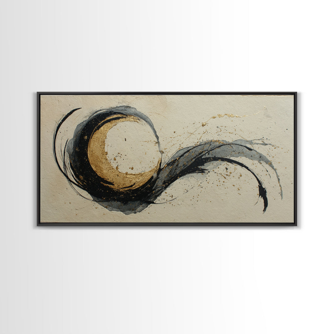 Crescent Moon Made from Elegant Ink Swashes Canvas Print, Calligraphy Art, Contemporary Art, Living Room Decor, Script, CAL-2x1-17