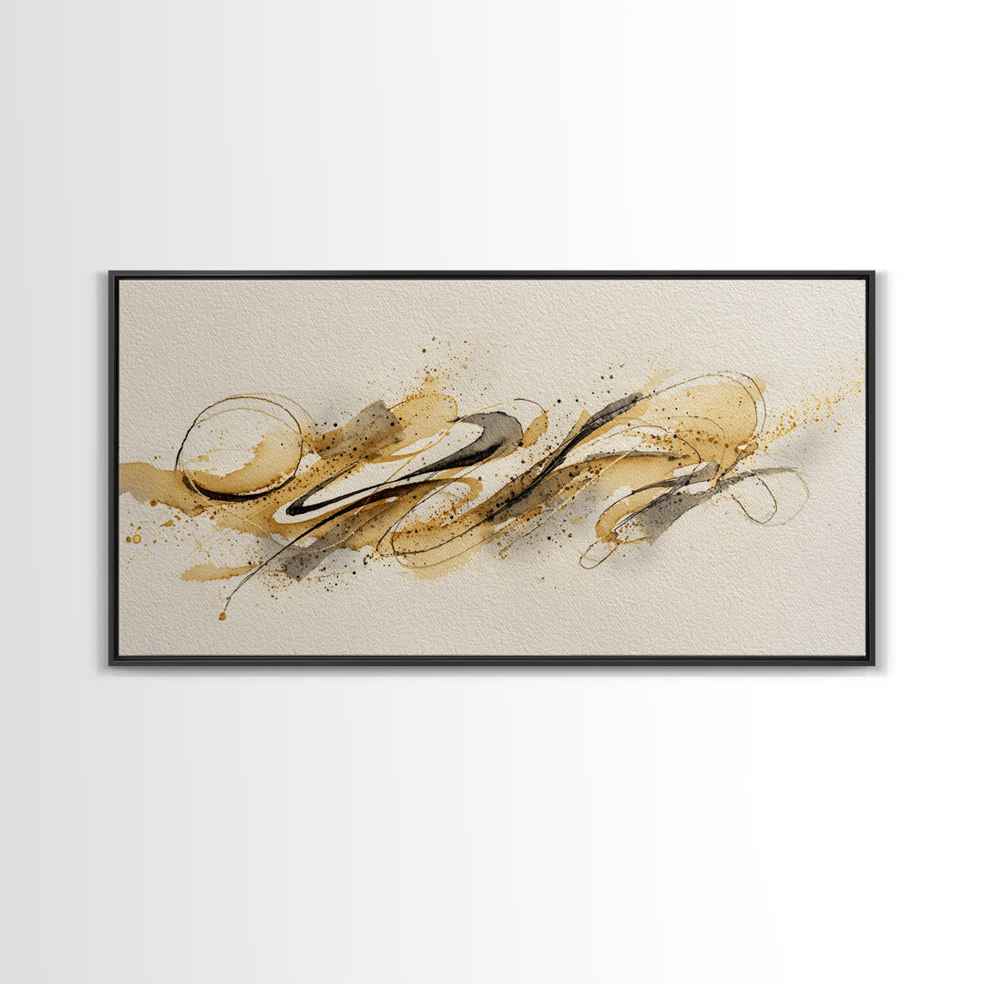 Abstract Gold Calligraphic Strokes on Ivory Paper Canvas Print, Calligraphy Art, Boho Decor, Living Room Decor, Script, CAL-2x1-22