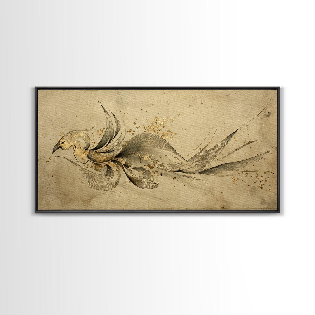 Calligraphic Bird Shape Formed from Flowing Lines Canvas Print, Calligraphy Art, Minimalist Decor, Living Room Decor, Script, CAL-2x1-28