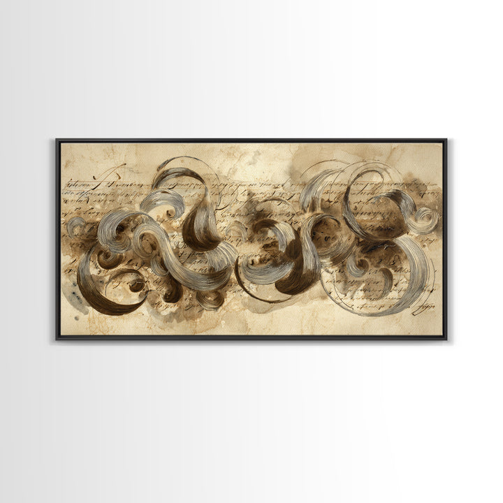 Baroque Scrollwork Made from Looping Pen Strokes Canvas Print, Calligraphy Art, Contemporary Art, Living Room Decor, Script, CAL-2x1-32