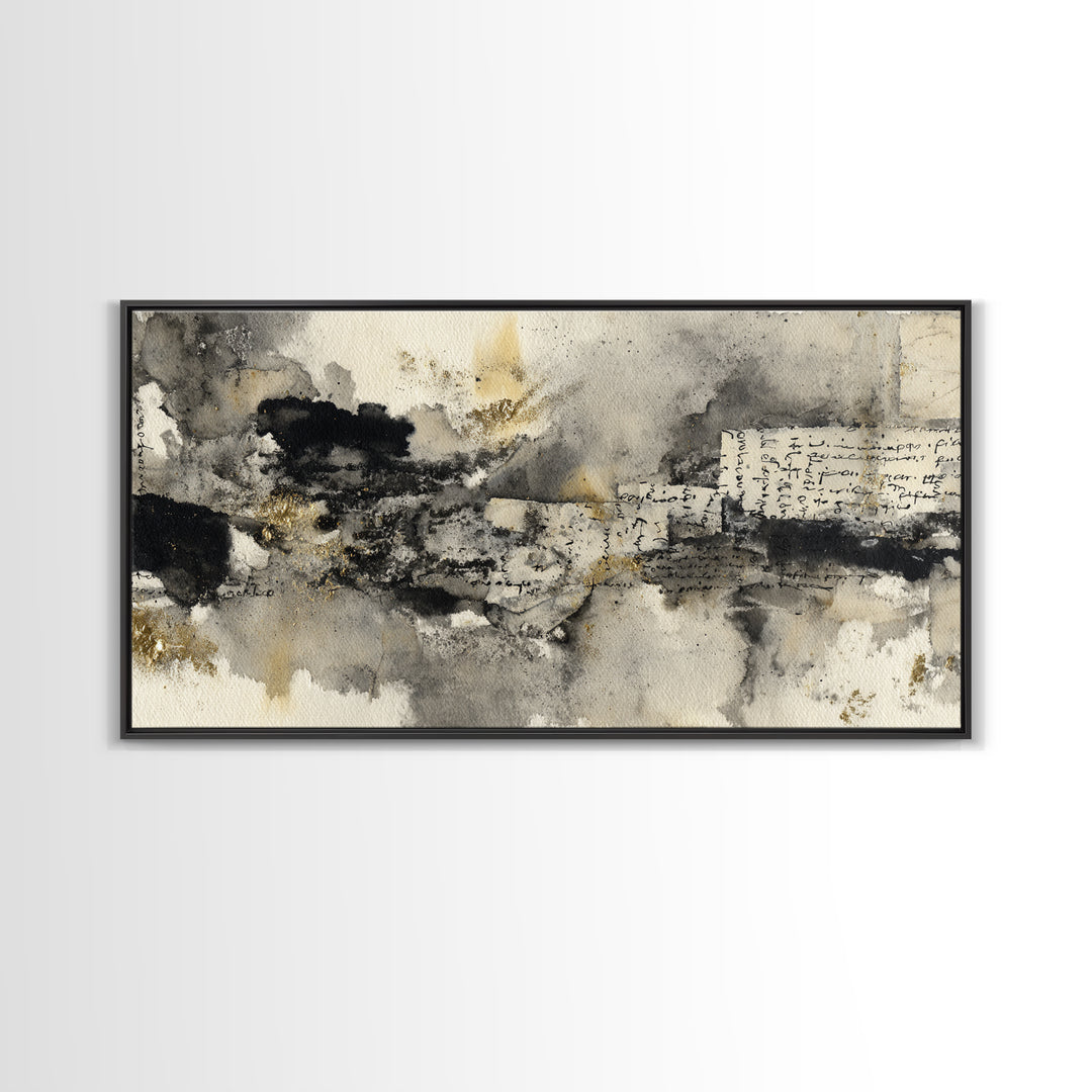 Monochrome Brush Alphabet Fragments as Abstract Texture Canvas Print, Calligraphy Art, Living Room Decor, Script, CAL-2x1-33