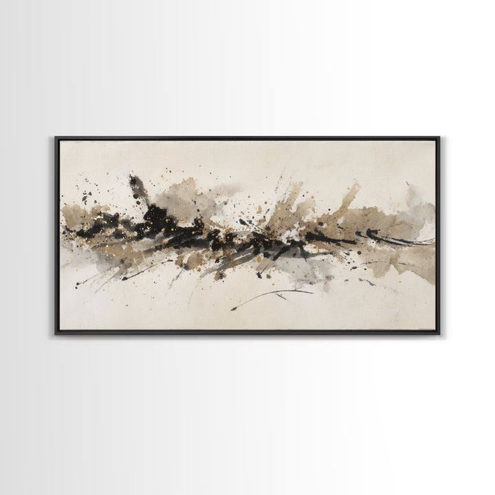 Ink Splatter and Long Brushstroke Composition Canvas Print, Calligraphy Art, Wall Art, Living Room Decor, Fine Art, Script, CAL-2x1-36