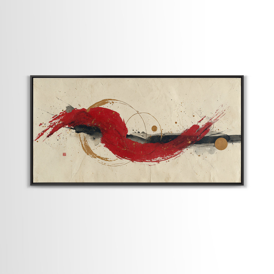 Bold Red Brushstroke Seal Abstraction Canvas Print, Calligraphy Art, Painting, Living Room Decor, Script, Japanese Art, CAL-2x1-39