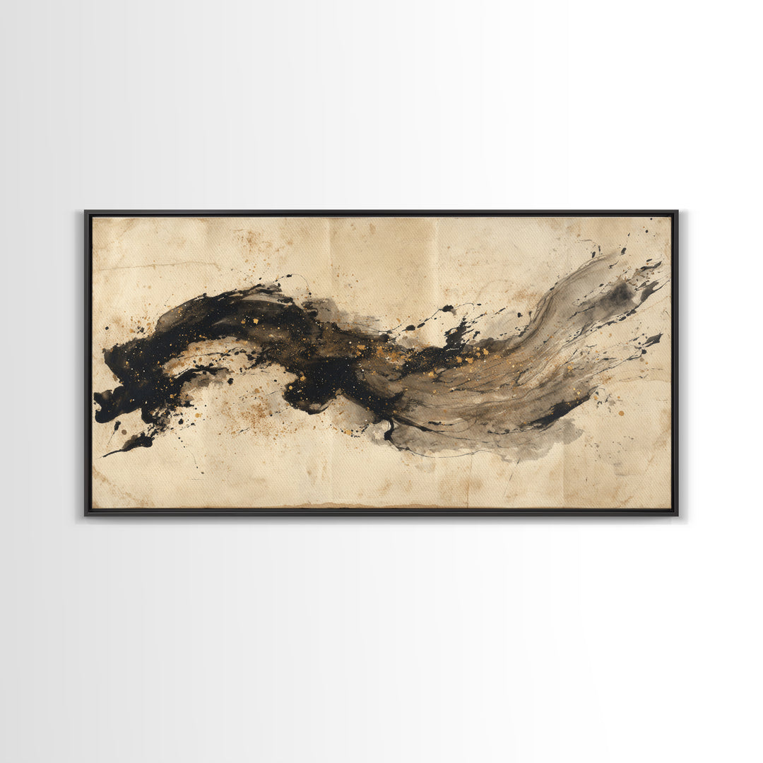 Large Sweeping Black Ink Gesture Like a Framed Canvas Print, Calligraphy Art, Prints, Living Room Decor, Fine Art, Script, CAL-2x1-45