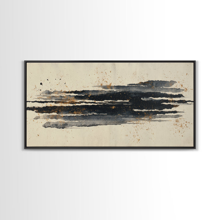 Layered Copper Ink Strokes on Dark Navy Framed Canvas Print, Calligraphy Art, Minimalist Decor, Living Room Decor, Script, CAL-2x1-50