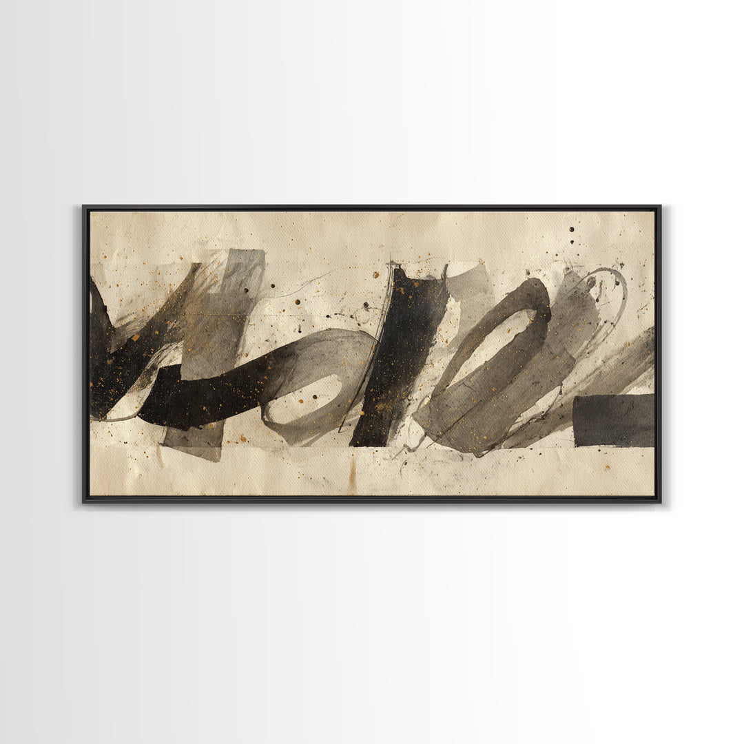 Monochrome Brush Alphabet Fragments as Abstract Texture Canvas Print, Calligraphy Art, Wall Decor, Living Room Decor, Script, CAL-2x1-57