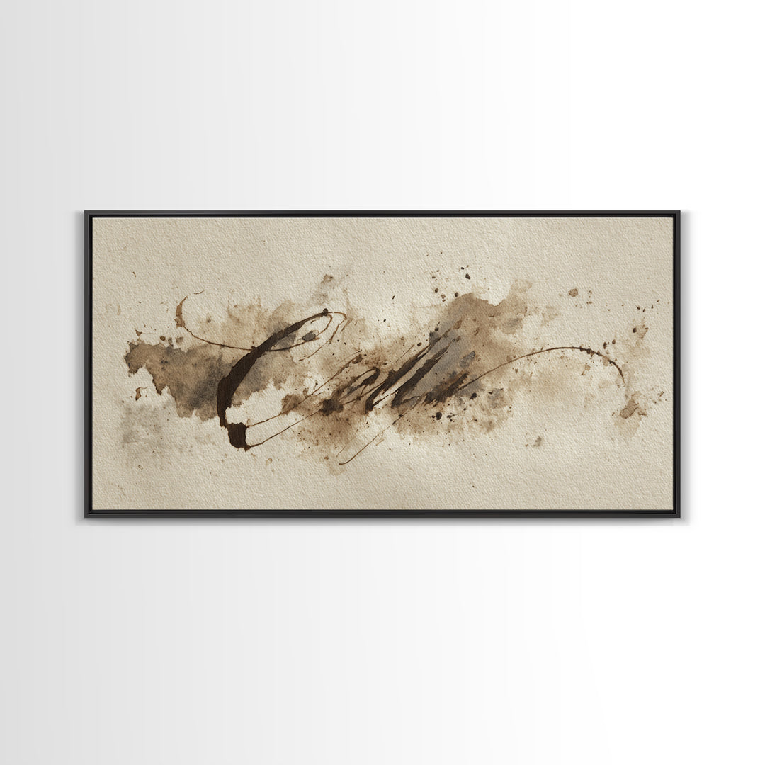 Ink Splatter and Long Brushstroke Composition Framed Canvas Print, Calligraphy Art, Prints, Living Room Decor, Fine Art, Script, CAL-2x1-60