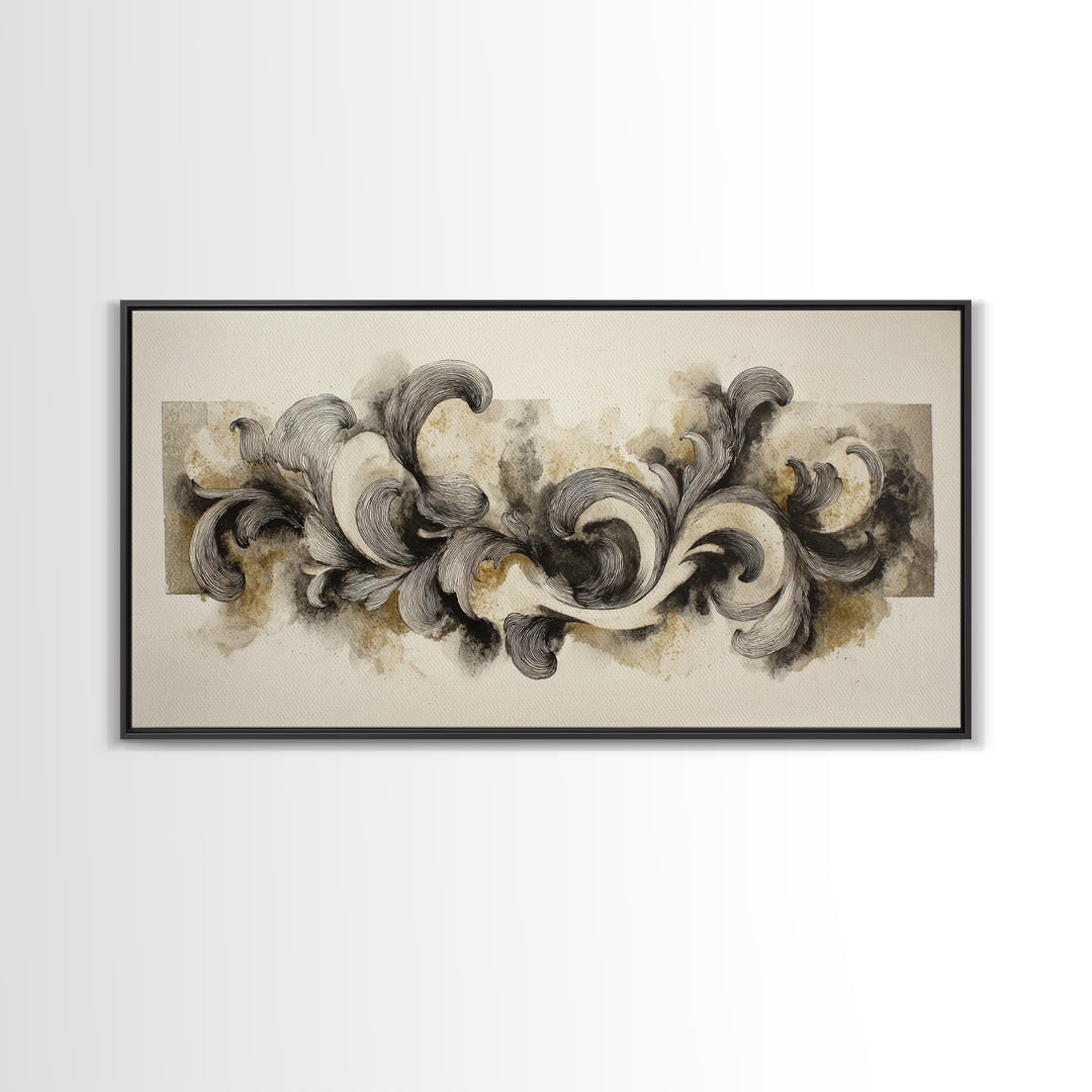 Baroque Scrollwork Made from Looping Pen Strokes Framed Canvas Print, Calligraphy Art, Japanese Art, Living Room Decor, Script, CAL-2x1-80
