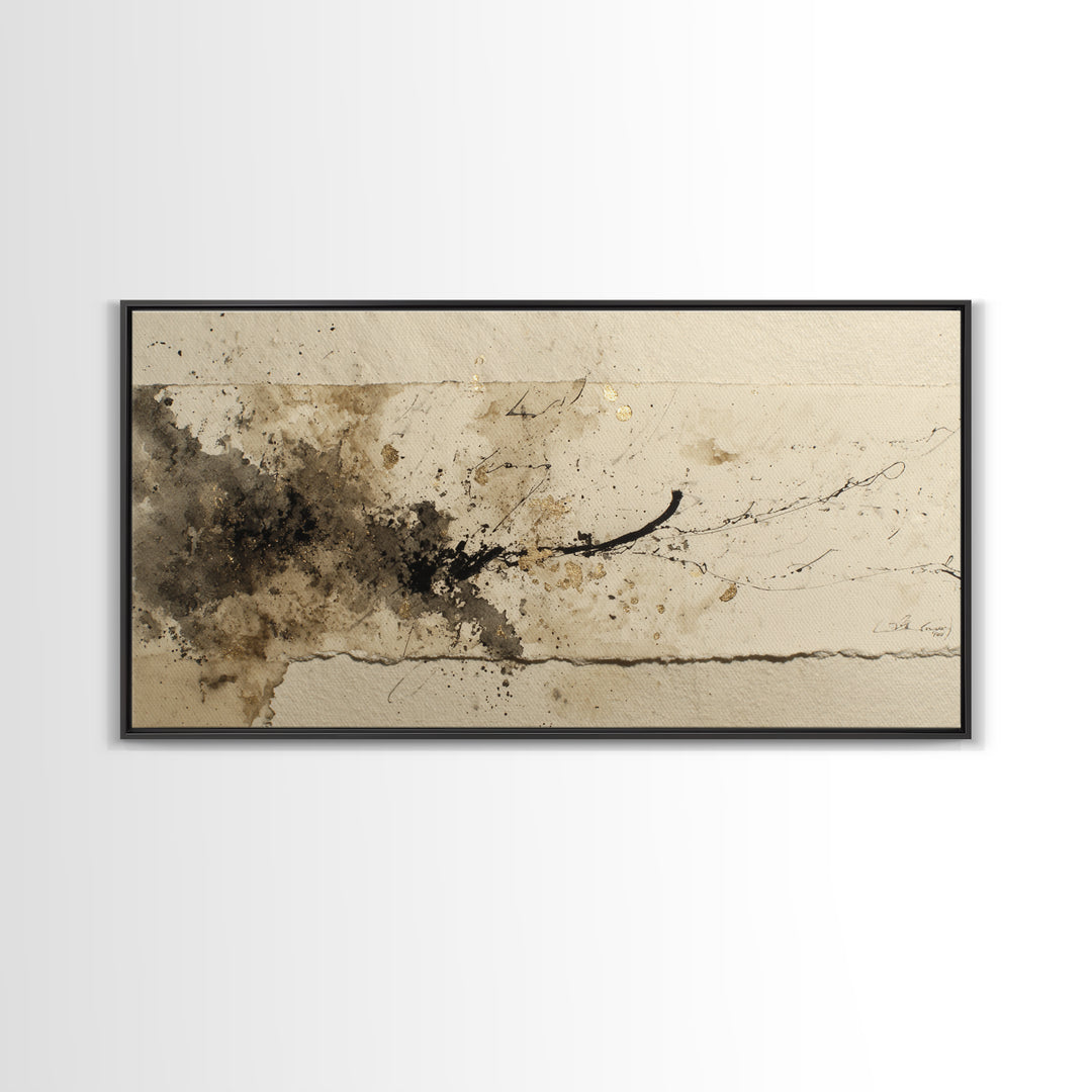 Monochrome Brush Alphabet Fragments as Abstract Texture Canvas Print, Calligraphy Art, Living Room Decor, Script, CAL-2x1-81