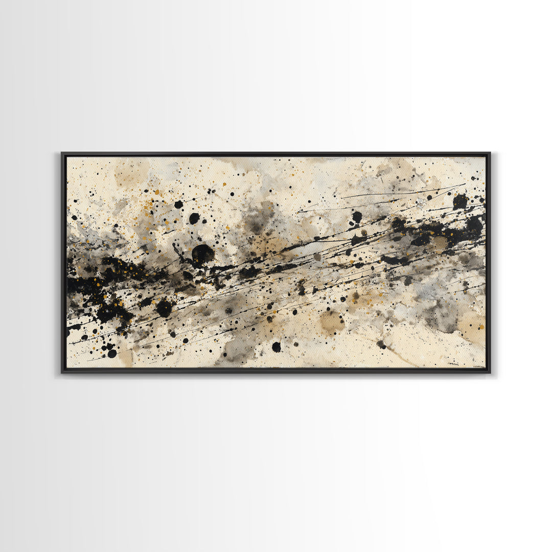 Ink Splatter and Long Brushstroke Composition Canvas Print, Calligraphy Art, Living Room Wall Art, Living Room Decor, Script, CAL-2x1-84