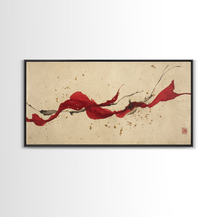 Bold Red Brushstroke Seal Abstraction Framed Canvas Print, Calligraphy Art, Modern Art, Living Room Decor, Fine Art, Script, CAL-2x1-87