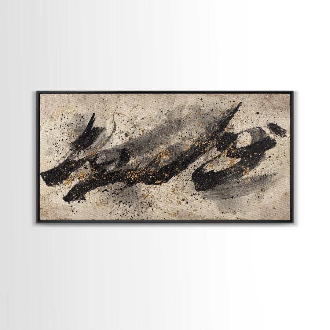 Monochrome Brush Alphabet Fragments as Abstract Texture Canvas Print, Calligraphy Art, Living Room Decor, Script, CAL-2x1-9
