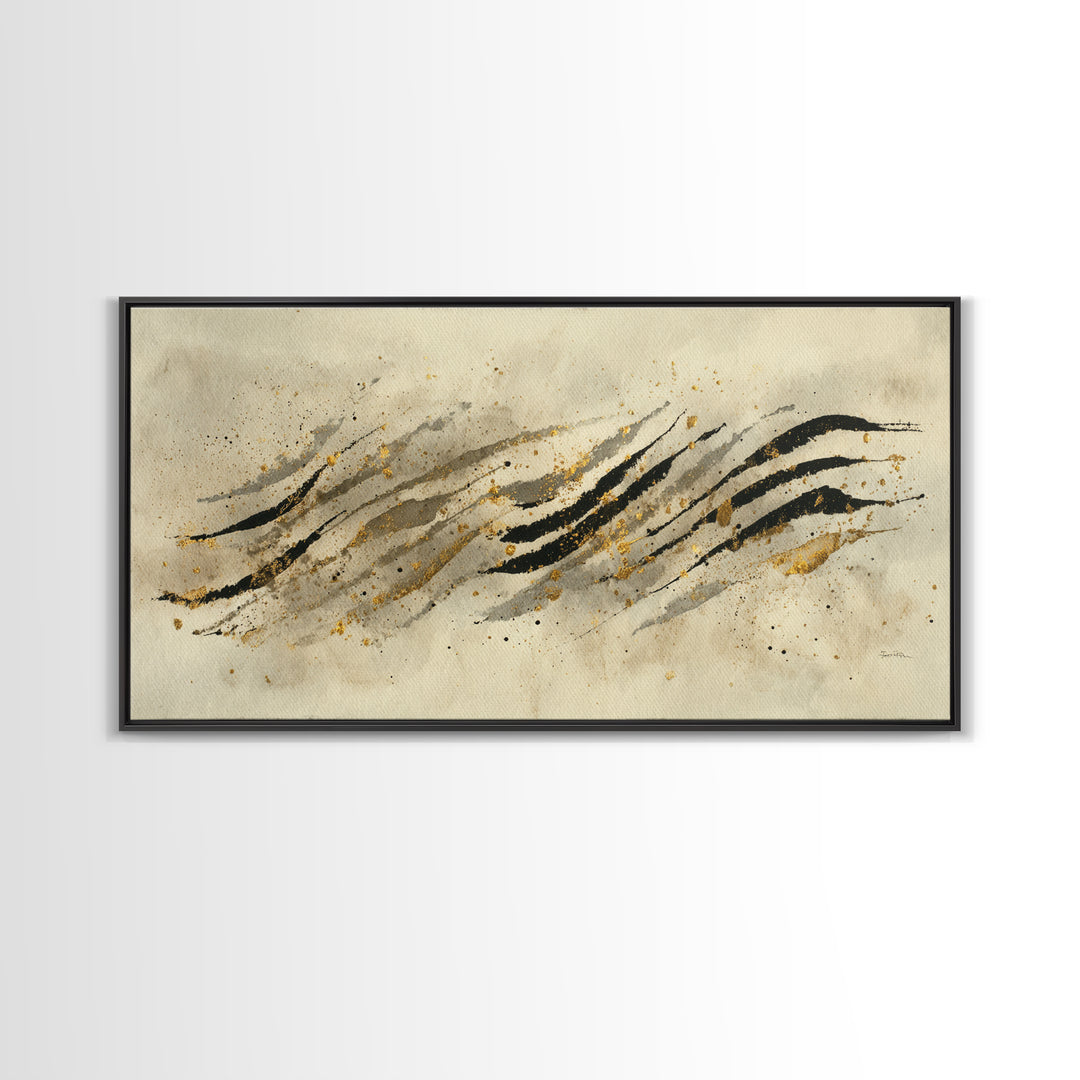Abstract Gold Calligraphic Strokes on Ivory Paper Canvas Print, Calligraphy Art, Wall Decor, Living Room Decor, Script, CAL-2x1-94