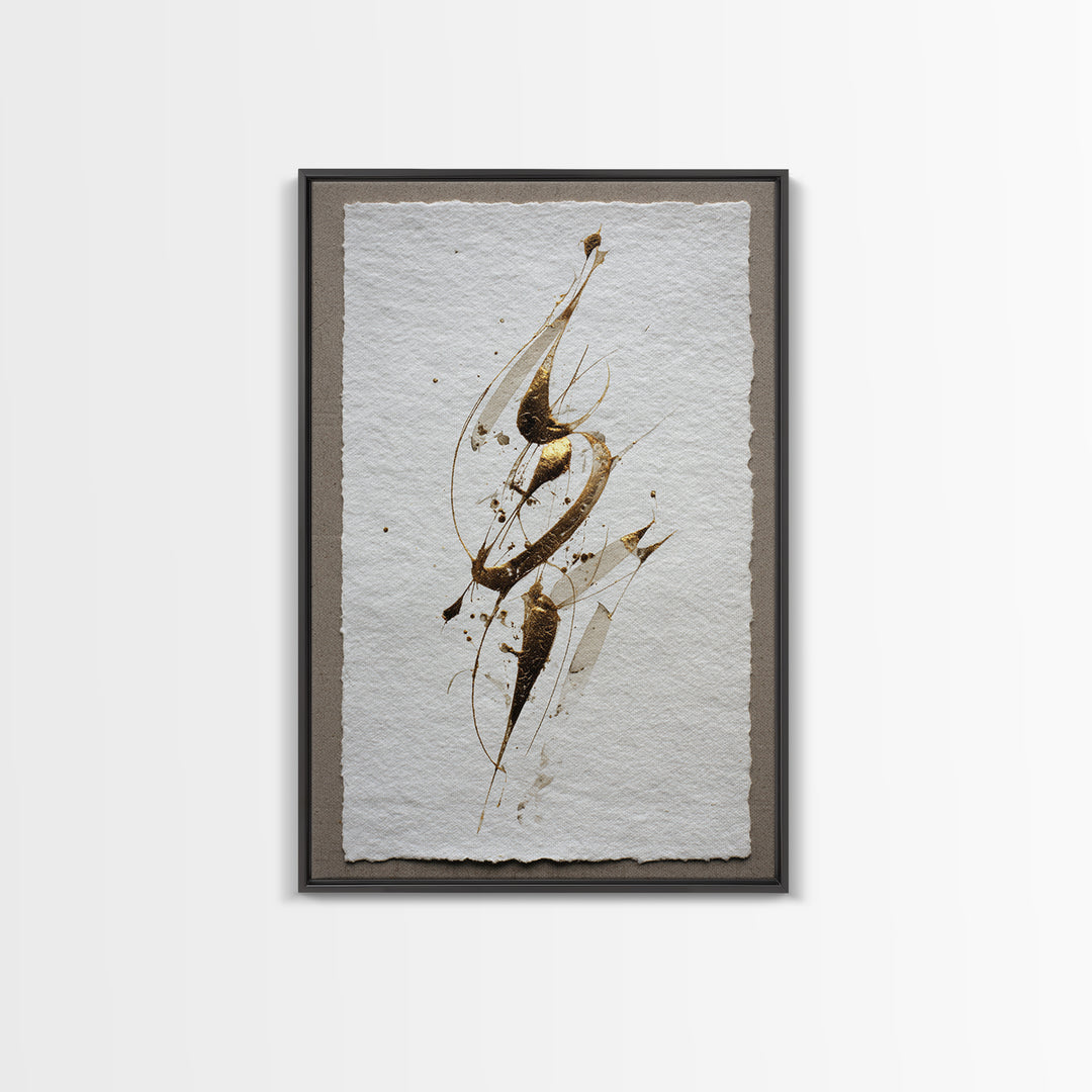 Abstract Gold Calligraphic Strokes on Ivory Paper Canvas Print, Calligraphy Art, Luxury Decor, Living Room Decor, Script, CAL-2x3-10